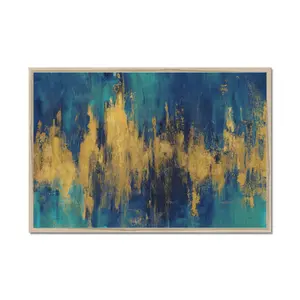 Blue And Gold Abstract Crop by Danhui Nai - Wrapped Canvas Painting Natural Wood Framed Paper Print / 65cm H x 95cm W x 2.3cm D