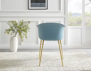 Furniturebox Set of 2 Harper Blue Scandinavian Inspired Moulded Plastic Bat Chair Minimalist Dining Chair with Gold Metal Legs