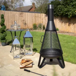 Black Miami Chimenea - Metal Outdoor Garden Patio Log Wood Burner Fire Pit Bowl with Stainless-Steel Flue Cap - Small, H125 x 50cm