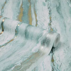 Zurich Metallic Wallpaper in Turquoise and Metallic Gold