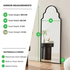 Azlaan Moroccan Arch Metal Frame Hallway Mirror - Full Length Living Room Mirror Black