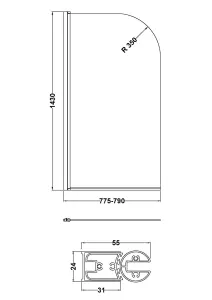 1700 x 750mm Square Bathtub, Front Panel and Bath Screen - Black Profile