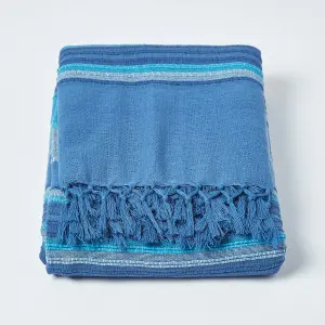 Homescapes Cotton Morocco Striped Blue Throw, 225 x 255 cm