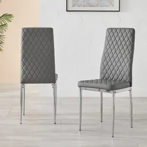 Set of 6 Milan Elephant Grey High Back Soft Touch Diamond Pattern Faux Leather Chromed Metal Leg Dining Chairs