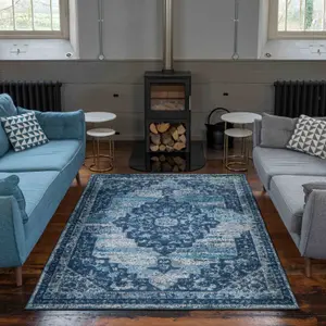 Navy Blue Traditional Medallion Area Rug 60x110cm