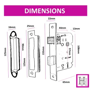 3 Lever Mortice Brass Sash Lock Key 2.5" 64mm Bolt Through Reversable Bathroom Handle Locks