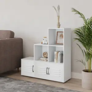 URBNLIVING 90cm Height White 6 Cube Step Shelving Unit With White Metal Doors