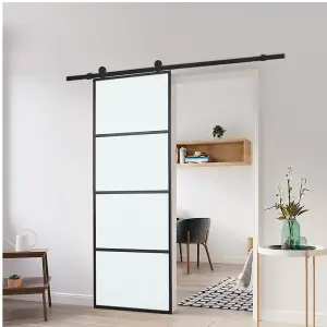 4 Lite Panel Modern Black Glass and Aluminum Sliding Barn Door Internal Door with 6ft Hardware Kit