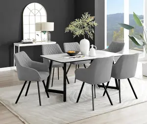 Furniturebox UK Carson White Marble Effect Dining Table & 6 Dark Grey Falun Black Leg Chairs