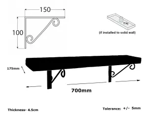 Wooden Rustic Shelf with Bracket WOP Black 170mm 7 inches Dark Oak Length of 70cm