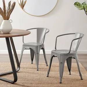 Furniturebox Set of 2 Grey Colton Tolix Style Stackable Industrial Metal Dining Chair with Arms