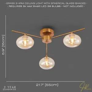 Modern Triple Branch Satin Brass Ceiling Light Fitting with Amber Glass Shades