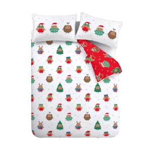 Catherine Lansfield Christmas Party Robins Reversible King Duvet Cover Set with Pillowcases Grey