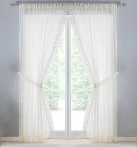 Windsor Cream Crushed Voile Panel with Marame Trim and Tie Back - Pair 140 x 229cm (55x90")