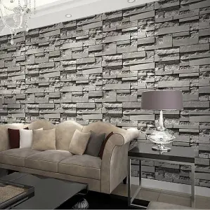 Dark Grey Rustic 3D Stone Brick Effect Non Woven Wallpaper Roll 950 cm