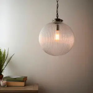 Bateson 1 - Light Globe Pendant Antique Brass/Clear Ribbed Glass / 100cm H x 35cm W x 35cm D