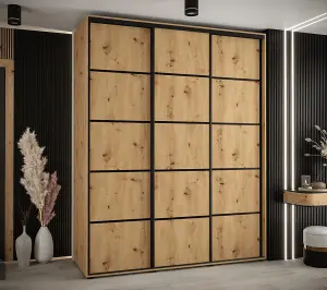 Cannes IV Elegant Oak Artisan Sliding Door Wardrobe 2000mm H2050mm D600mm with Black Steel Handles and Decorative Strips