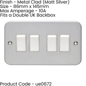 3 PACK 4 Gang Quad Light Switch 2 Way 10A HEAVY DUTY METAL CLAD - White Rocker