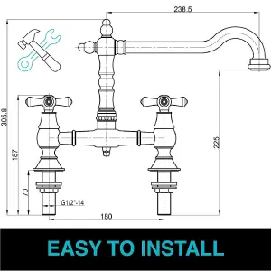 ENKI Langley Brushed Nickel Traditional Bridge Crosshead Steel Mixer Tap for Kitchen Sink