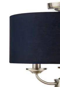 GoodHome Round Satin Fabric & metal Navy Antique brass effect 3 Lamp LED Ceiling light