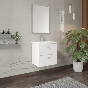 Cube Wall Hung 2 Drawer Geometric Vanity Basin Unit & Ceramic Mid-Edge Basin - 500mm - Satin White with Black Round Handles