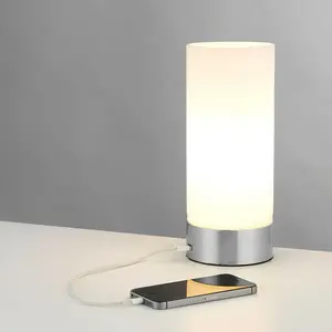 Touch Dimmable Table Lamp Nickel & Frosted Glass Shade Modern Light USB Charger