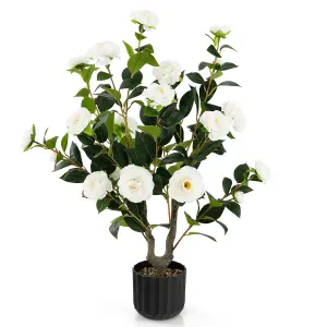 Costway Artificial Camellia Tree Faux Flower Plant Pot Artificial Tree 24 White Flowers