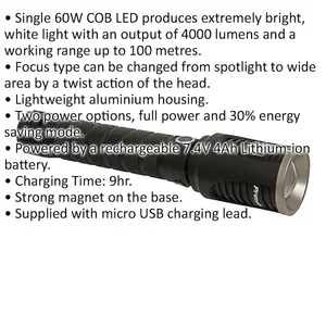 Aluminium Torch - 60W COB LED - Adjustable Focus - Rechargeable Battery