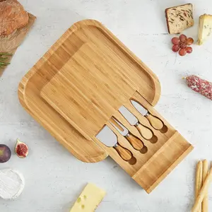 Bamboo Cheese Board, Rectangular Serving Tray With Stainless Steel Knife Set, Easy Clean Charcuterie Serving Board With Knife Drawer & Gift Box