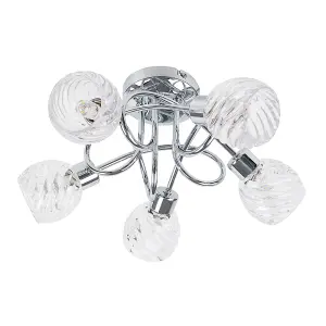 ValueLights Reyka 5 Way Chrome Curved Arm Flush Ceiling Light with Stunning Swirled Glass Dome Shades with 3w LED G9 Bulbs