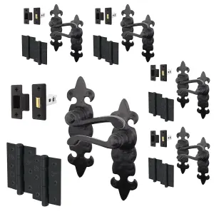 AFIT Black Antique Fleur De Lys Door Handle Latch Set - 5 Pairs Cast Iron Internal Lever Latch Handles, Hinges 76mm & Latch 64mm