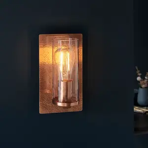 Luminosa Palermo Wall Lamp Hammered Copper Plate, Textured Clear Glass