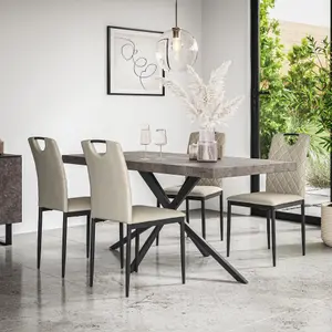 Donni Dining Table And Chairs -  Concrete Effect Table Top w Black Legs + Monza Linen Dining Chair Set Of 4 (Beige)