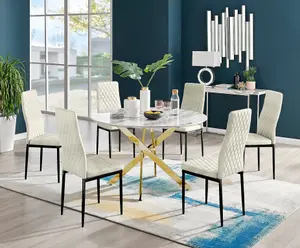 Furniturebox UK Novara White Marble Gold Leg 120cm Round Dining Table & 6 Cream Velvet Milan Black Leg Chairs