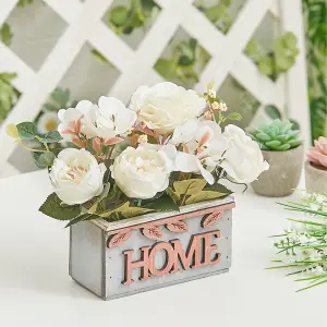 Country Style Artificial Potted Plant Fake Hydrangea Peony in Wooden Box Tabletop Centerpiece Ornament