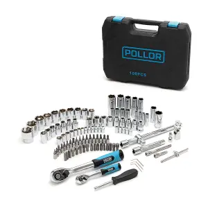 POLLOR 108 Pcs 1/4" & 1/2" Socket Ratchet Set Screwdriver Torx Set with Hard Case High Quality 72 Teeth Drive