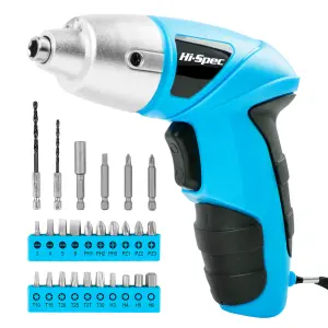 Hi-Spec 27pc 3.6V Blue Compact Electric Power Screwdriver & Driver Bit Set. USB Rechargeable for Cordless Screwdriving