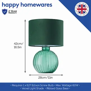 Contemporary Emerald Ribbed Glass Table Lamp with Forest Green Velvet Shade