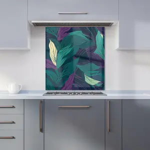 Green Purple Tropical Leaves Premium Glass Kitchen Splashback W900mm x H750mm