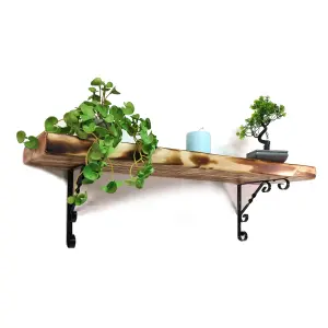 Wooden Rustic Shelf with Bracket WO Black 220mm 9 inches Burnt Length of 80cm