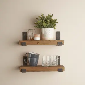 Wooden Shelves with 6" Brackets  -Set of Two Rustic Shelves-   Dark Wood Finish - 70cm