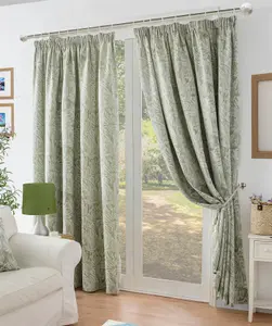 Chenille Jacquard Lined Pencil Pleat Curtains 229x229cm Green