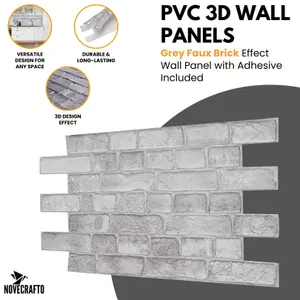 3D Wall Panels with Adhesive - 6 Sheets, 96 x 48 cm each, Covers 2.76 sqm - PVC Cladding with Grey Faux Brick Effect