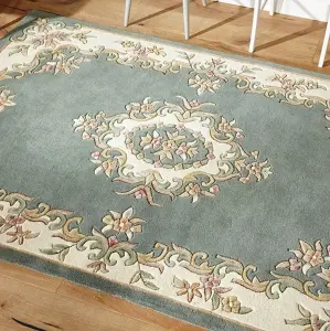 Green Traditional Bordered Floral Handmade Wool Rug for Living Room and Bedroom-200cm X 285cm