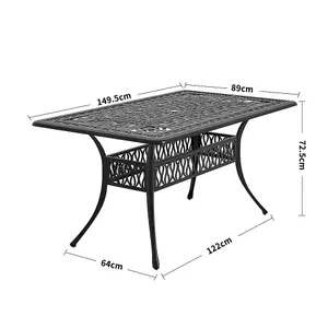 Black Vintage Rectangular Cast Aluminum Outdoor Bistro Dining Table with Umbrella Hole 150 cm