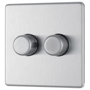 GoodHome Flat profile Double 2 way 200W Screwless Dimmer switch Silver 2 gang