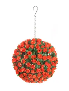 Pair of Best Artificial 23cm Orange Rose Hanging Basket Flower Topiary Ball - Suitable for Outdoor Use - Weather & Fade Resistant