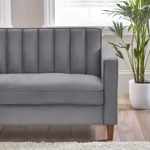 Furniturebox UK Velvet Sofa - 'Kit' 2 Seater Upholstered Grey Fabric Sofa - Vertical Stitching - Modern Living Room Furniture