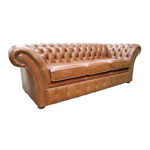 Chesterfield 3 Seater Old English Buckskin Leather Sofa Settee In Balmoral Style