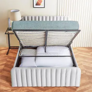 Ottoman Bed Frame Velvet Padded Upholstered Double Storage Bed - No Mattress